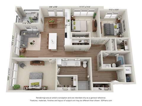 Floor plan for 3 beds, 2 baths, 1505 sqft